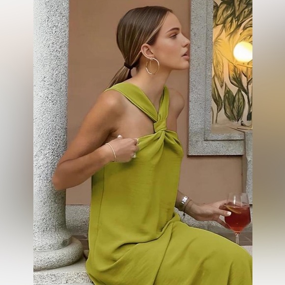 Commense Sold Out!!! 
*NWT Cross Halter Split Long Dress 
Green Chartreuse - Picture 2 of 6